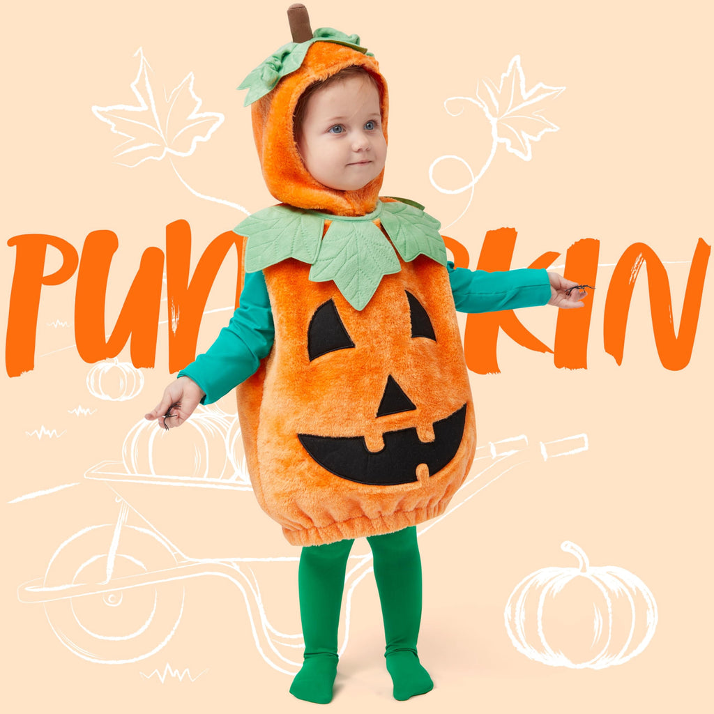Halloween Pumpkin Costume for Kids, Pumpkin Costume with Plush Green Leaves, Halloween Party Dress up Costume 5-7 Yrs