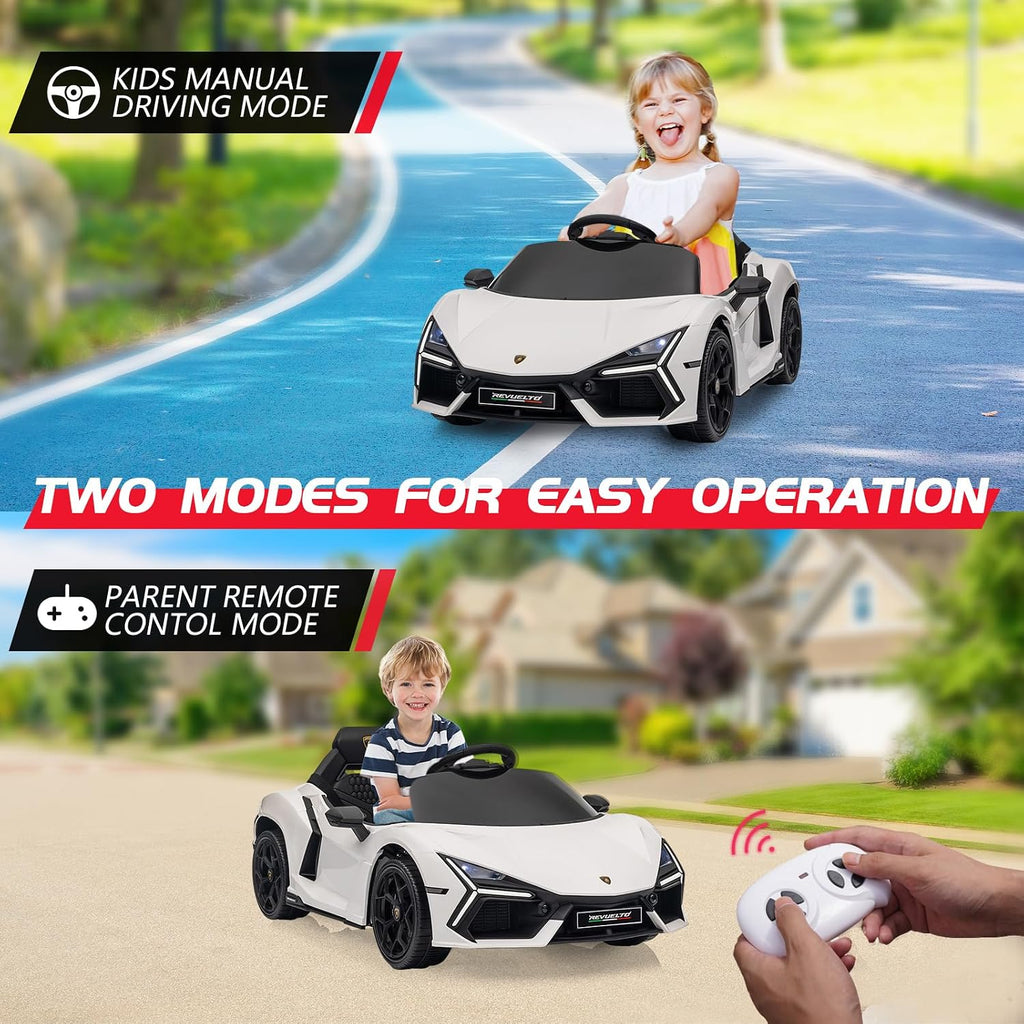 12V Licensed Lamborghini Revuelto Ride on Car for Toddlers, White | Remote Control, Battery Powered Electric Car for Kids, Bluetooth, Hydraulic Doors, 3 Speeds, LED Lights, Music