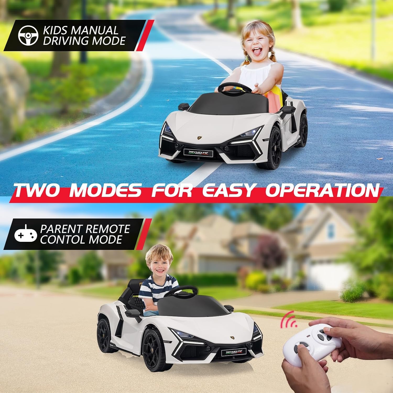12V Licensed Lamborghini Revuelto Ride on Car for Toddlers, White | Remote Control, Battery Powered Electric Car for Kids, Bluetooth, Hydraulic Doors, 3 Speeds, LED Lights, Music