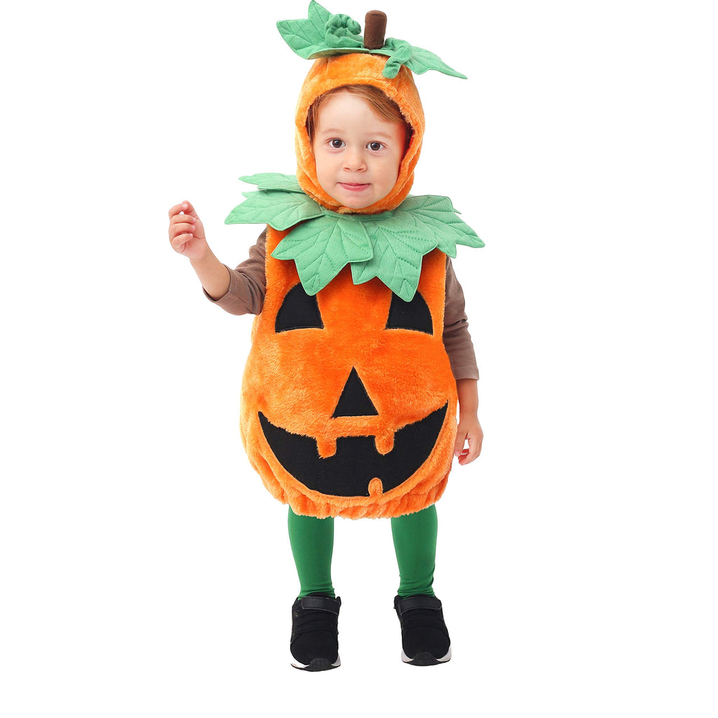 Halloween Pumpkin Costume for Kids, Pumpkin Costume with Plush Green Leaves, Halloween Party Dress up Costume 5-7 Yrs