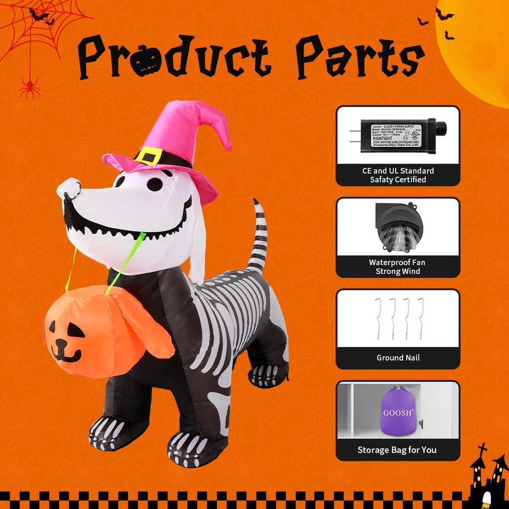 Halloween Inflatables 5.7 FT Halloween Skeleton Dog Inflatable, Halloween Skeleton Puppy Inflatable with Build-In Leds, Outdoor Halloween Decorations Clearance for Halloween Holiday Party