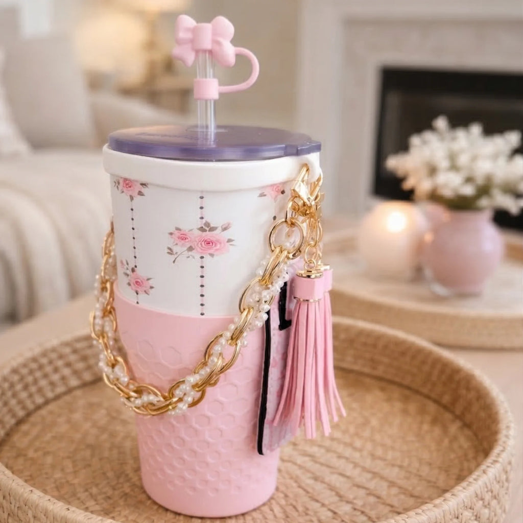 Tumbler Accessory Set with Water Bottle Handle, Straw Topper, Charm Hook & Lip Balm Holder, Pink Pearl