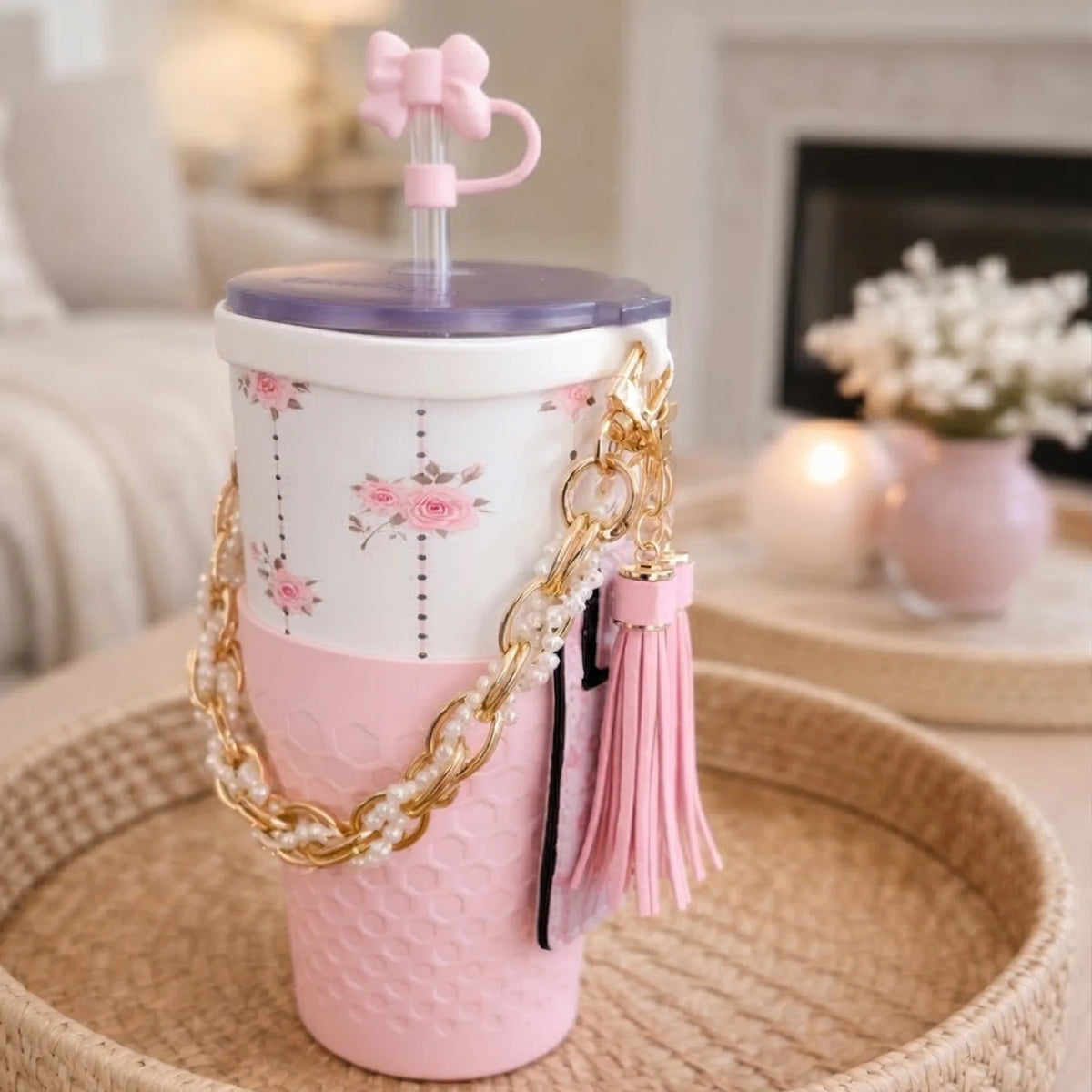 Tumbler Accessory Set with Water Bottle Handle, Straw Topper, Charm Hook & Lip Balm Holder, Pink Pearl