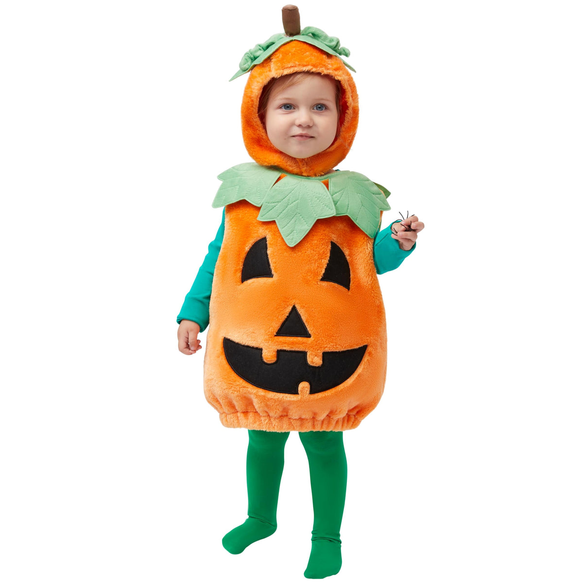 Halloween Pumpkin Costume for Kids, Pumpkin Costume with Plush Green Leaves, Halloween Party Dress up Costume 5-7 Yrs