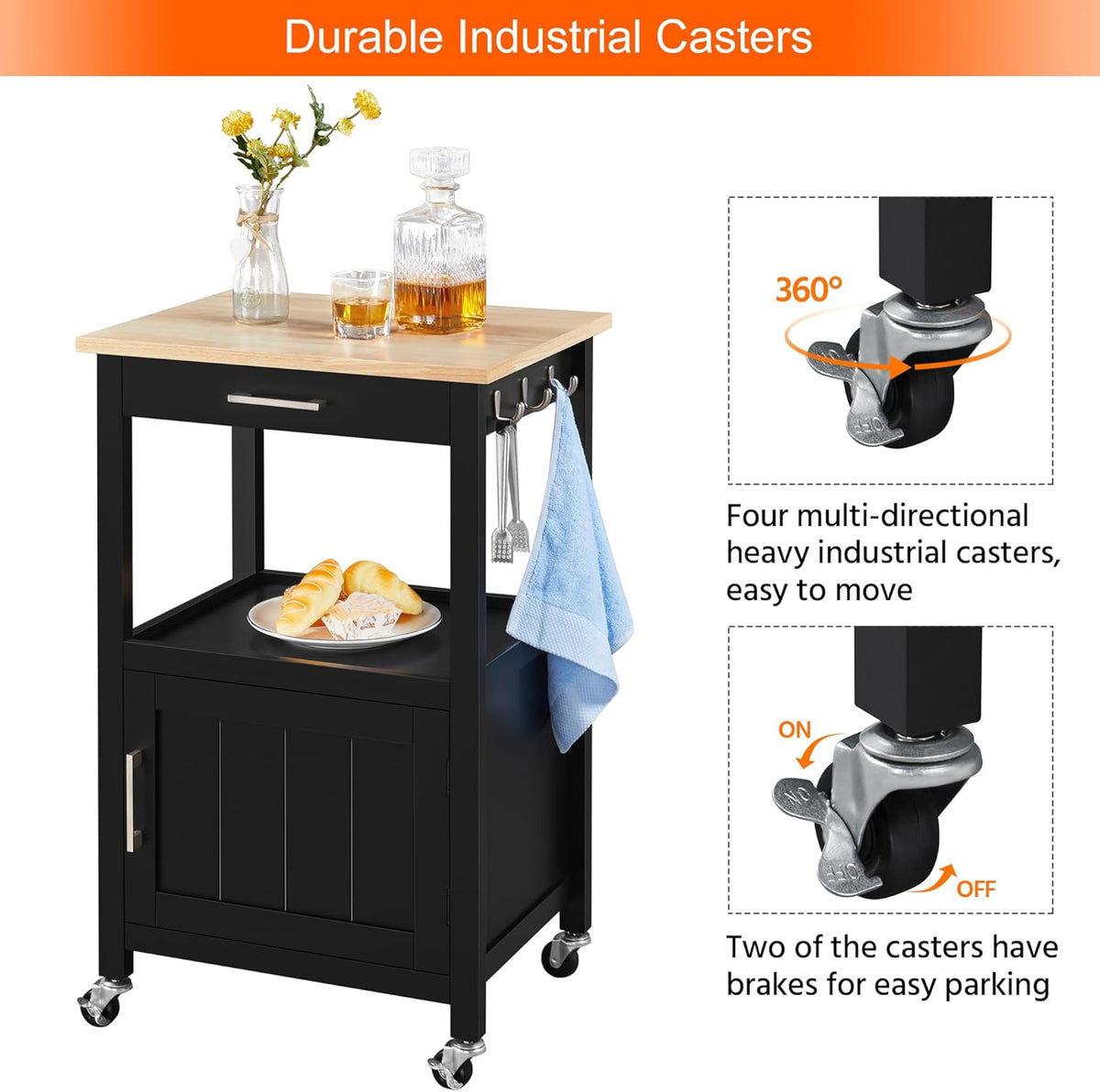 Yaheetech Rolling Kitchen Island Cart with Storage, 2 Tier, Wood Top, Black | Small Kitchen Island on Lockable Wheels, Microwave Cart with Drawer, 6 Hooks, Cabinet for Dining/Living Room/Kitchen Bar