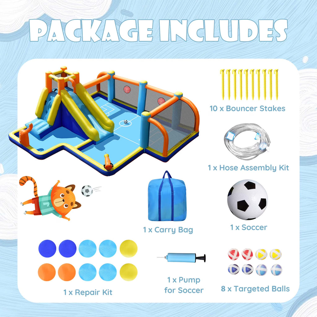 Giant Soccer-Themed Inflatable Water Slide Bouncer with Splash Pool without Blower for Toddler, Bouncy Water Park