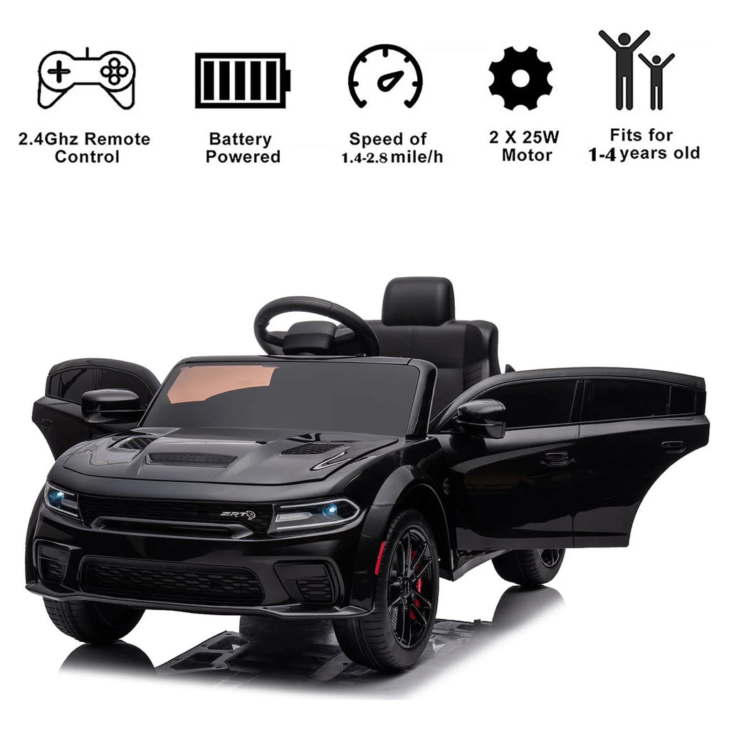 12V Ride on Car, Dodge Charger Powered Electric Car with Battery Powered, Bluetooth, Remote Control, LED Light, Ride on Toy for Ages 3+ Kids, Black