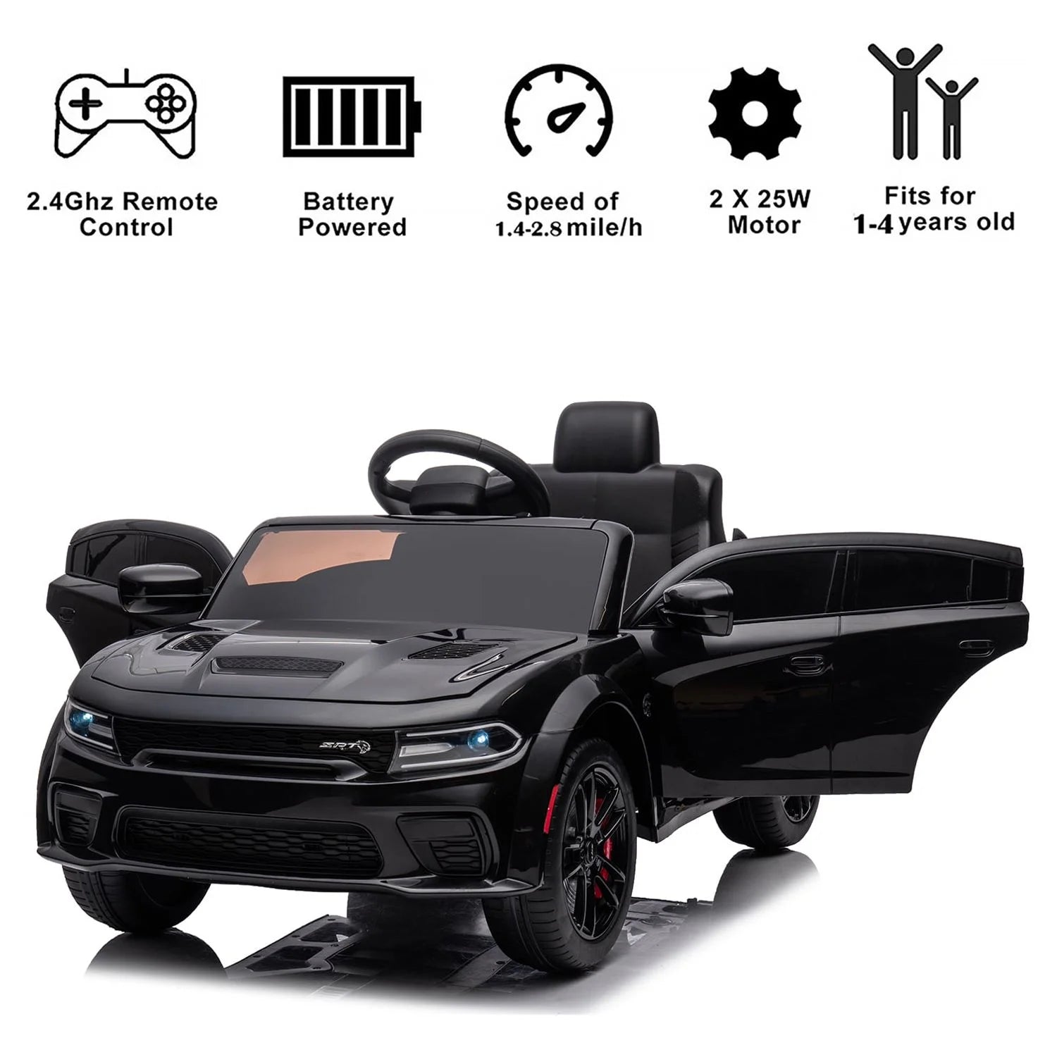 12V Ride on Car, Dodge Charger Powered Electric Car with Battery Powered, Bluetooth, Remote Control, LED Light, Ride on Toy for Ages 3+ Kids, Black