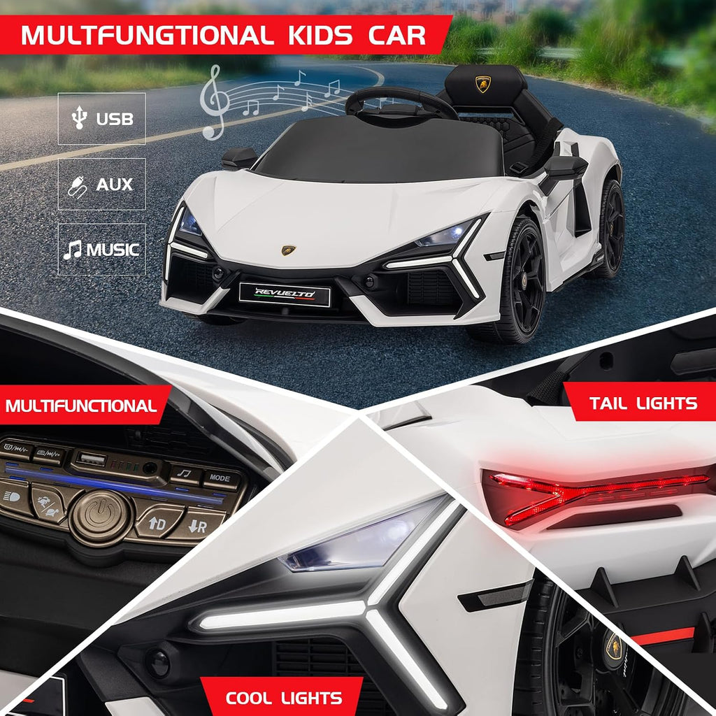 12V Licensed Lamborghini Revuelto Ride on Car for Toddlers, White | Remote Control, Battery Powered Electric Car for Kids, Bluetooth, Hydraulic Doors, 3 Speeds, LED Lights, Music