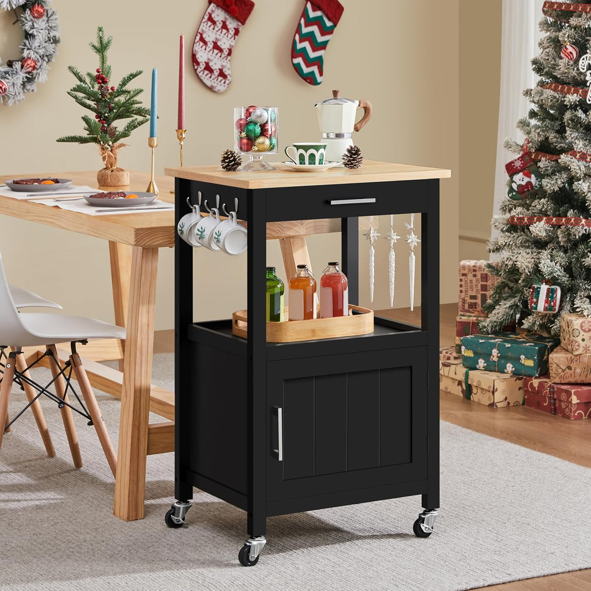 Yaheetech Rolling Kitchen Island Cart with Storage, 2 Tier, Wood Top, Black | Small Kitchen Island on Lockable Wheels, Microwave Cart with Drawer, 6 Hooks, Cabinet for Dining/Living Room/Kitchen Bar