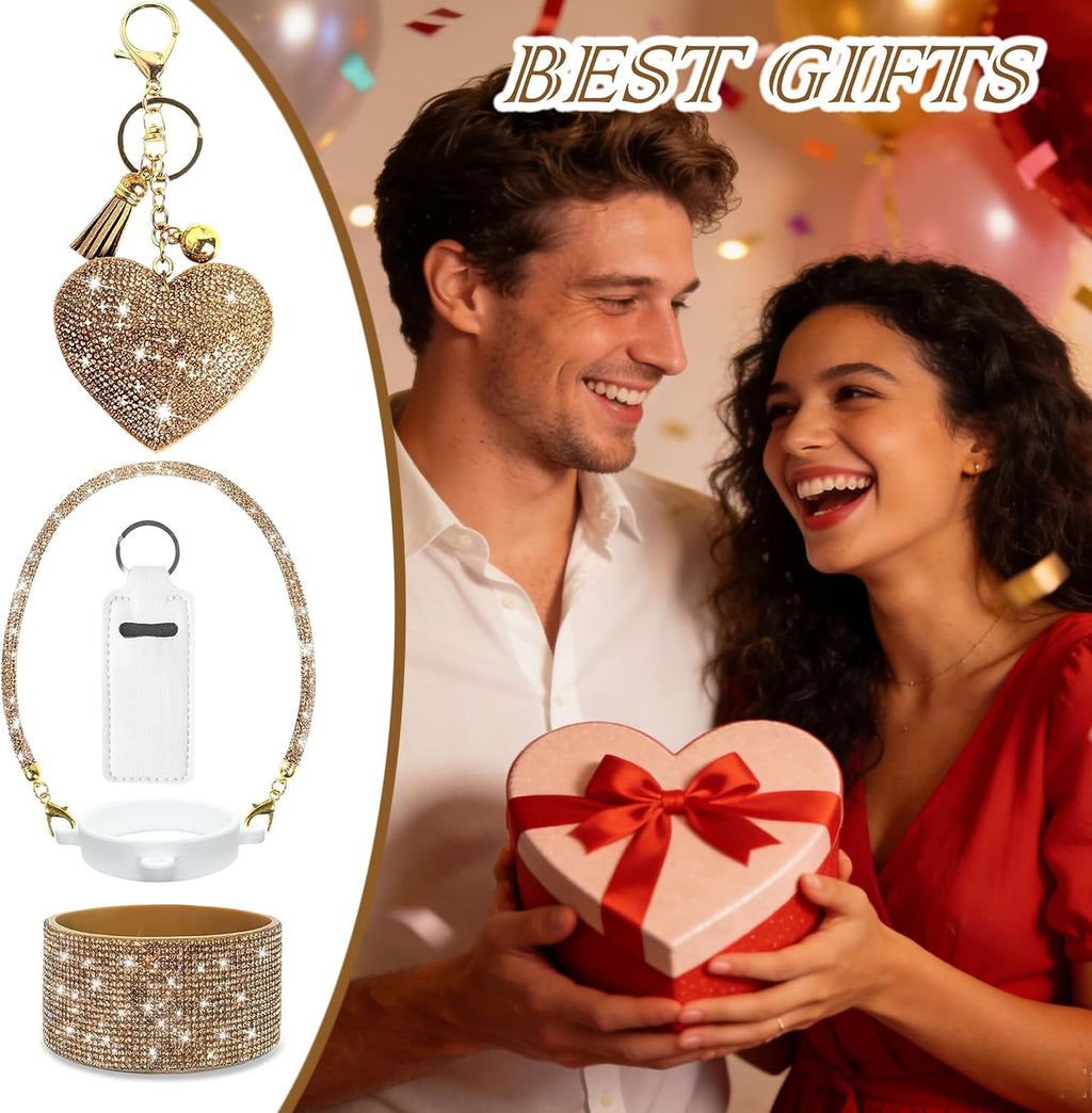 Accessories Set for Owala, Diamond Boot(Champagne, Freesip19Oz/Sway 30Oz) | 5PCS Glitter Water Bottle Accessories with Heart Charm Keychain, Diamond Handle Strap & Silicone Boot for Daily Use