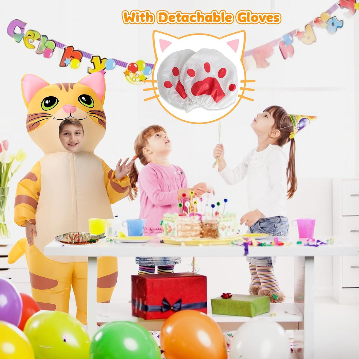 Inflatable Cat Costume for Kids Thanksgiving Inflatable Costume Halloween Funny Blow up Yellow Cat Costume for Boys Girls