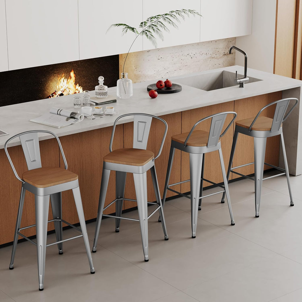 Industrial Metal Bar Stools Set of 4, 26 Inch Counter Height Barstools with Backs, Farmhouse Style, Silver