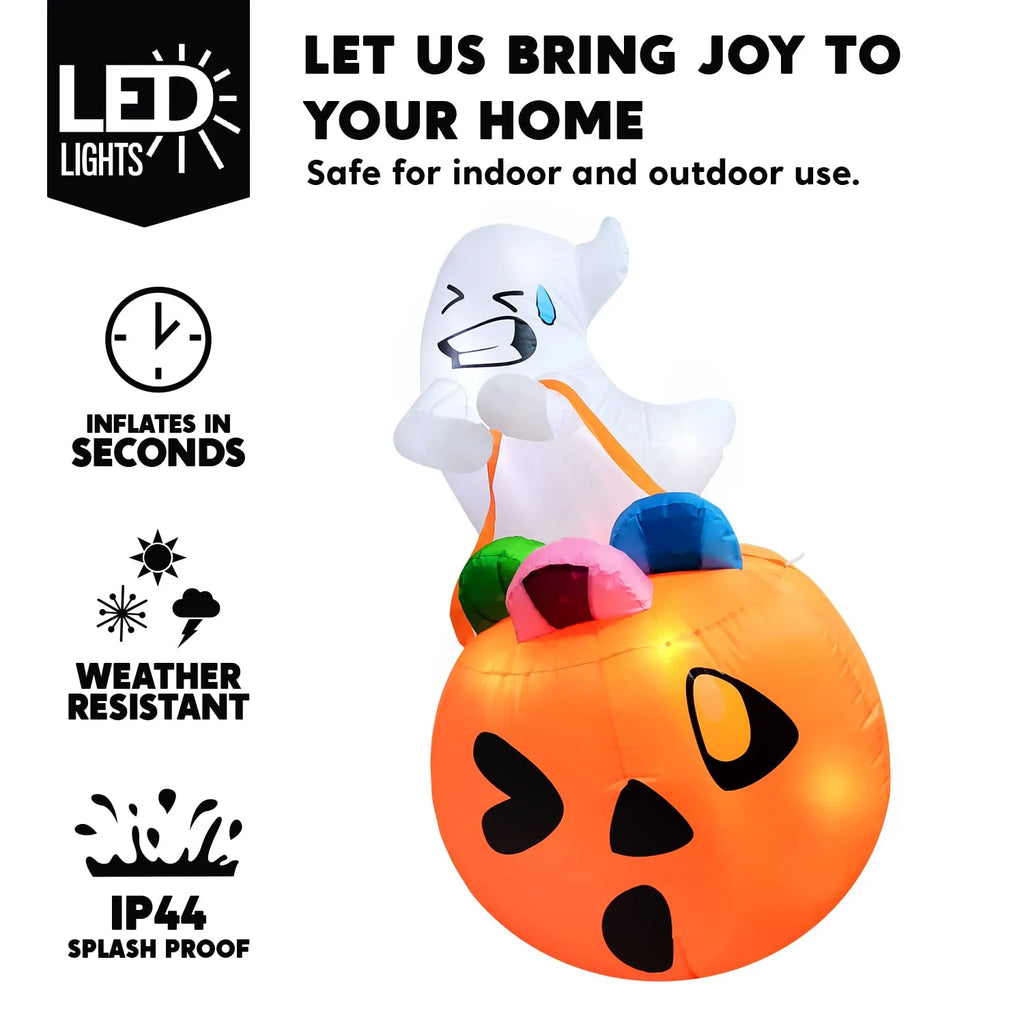 5Ft Halloween Inflatables Light up Cute Ghost Lift Pumpkin,Halloween Inflatables Outdoor Decorations,Blow up Halloween Yard Decorations