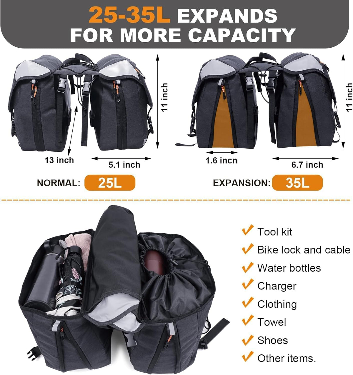 Bike Panniers, 35L Waterproof Panniers Bike Saddle Bags for Rear Rack, Expandable Double Bicycle Trunk Bag with Reflective Strips,E-Bike Accessories for Commute and Mountain Cycling Travel