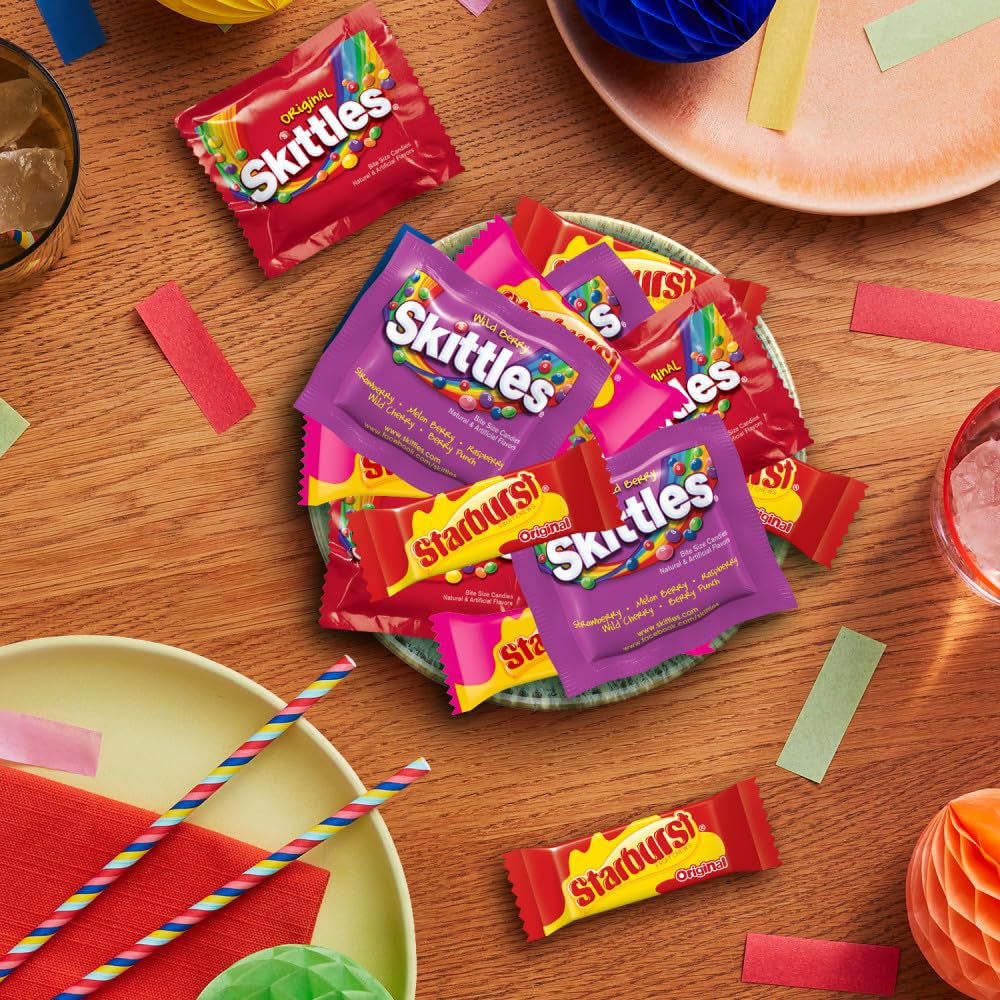 SKITTLES Original, SKITTLES Wild Berry & STARBURST Original and STARBURST Favereds Fun Size Chewy Candy Variety Bag, Party Size, 20.13 Oz Bulk Bag (Pack of 2)