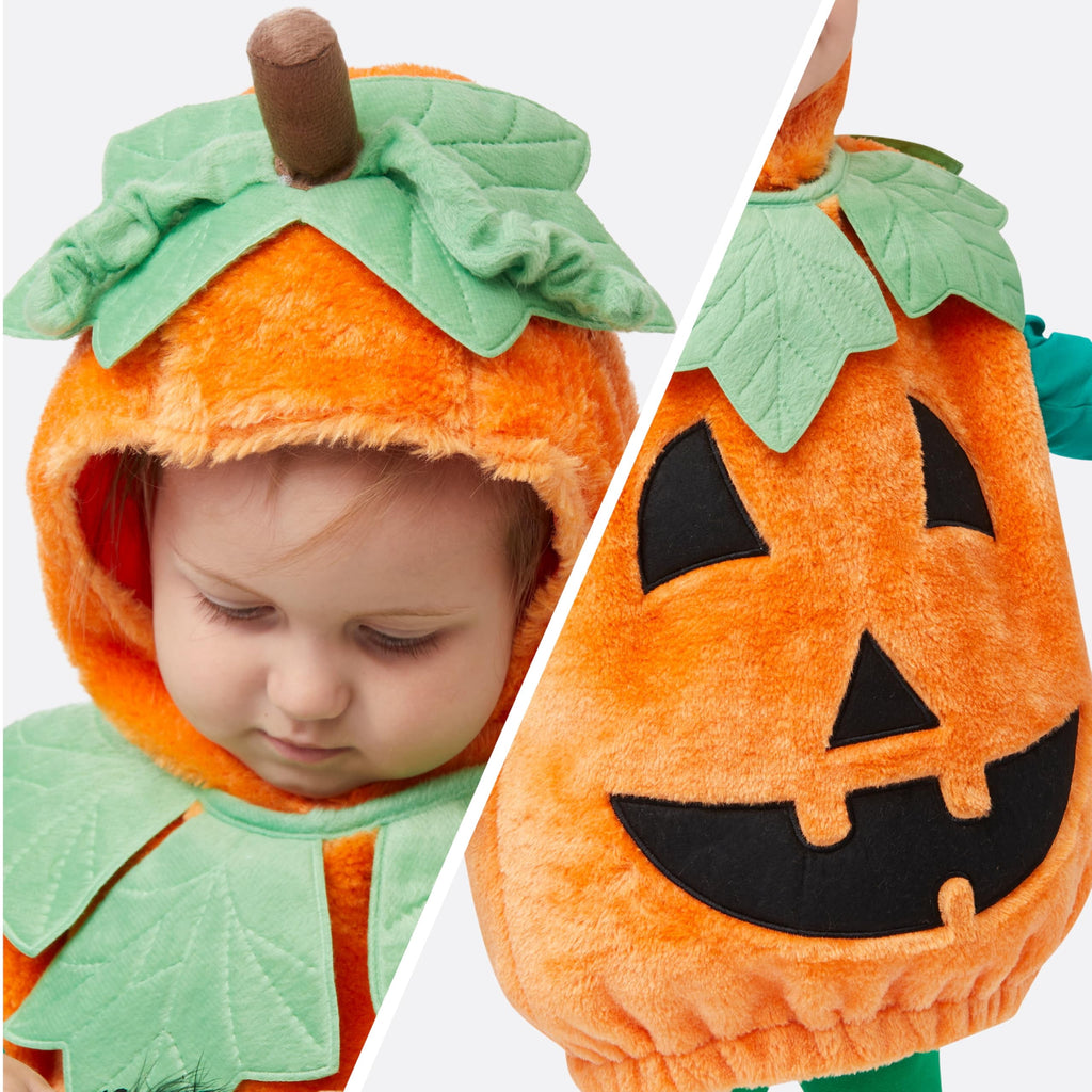Halloween Pumpkin Costume for Kids, Pumpkin Costume with Plush Green Leaves, Halloween Party Dress up Costume 5-7 Yrs