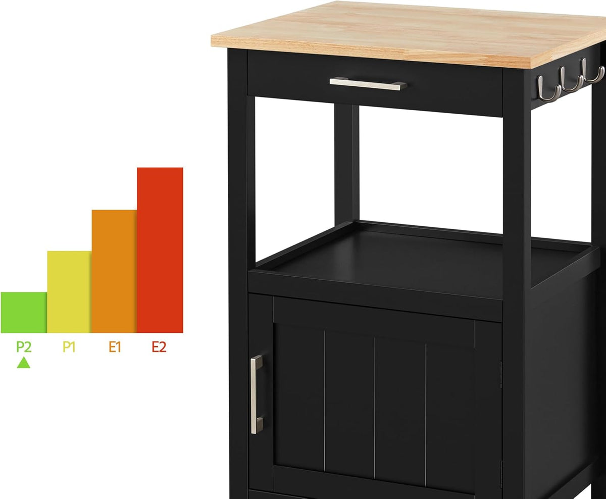 Yaheetech Rolling Kitchen Island Cart with Storage, 2 Tier, Wood Top, Black | Small Kitchen Island on Lockable Wheels, Microwave Cart with Drawer, 6 Hooks, Cabinet for Dining/Living Room/Kitchen Bar