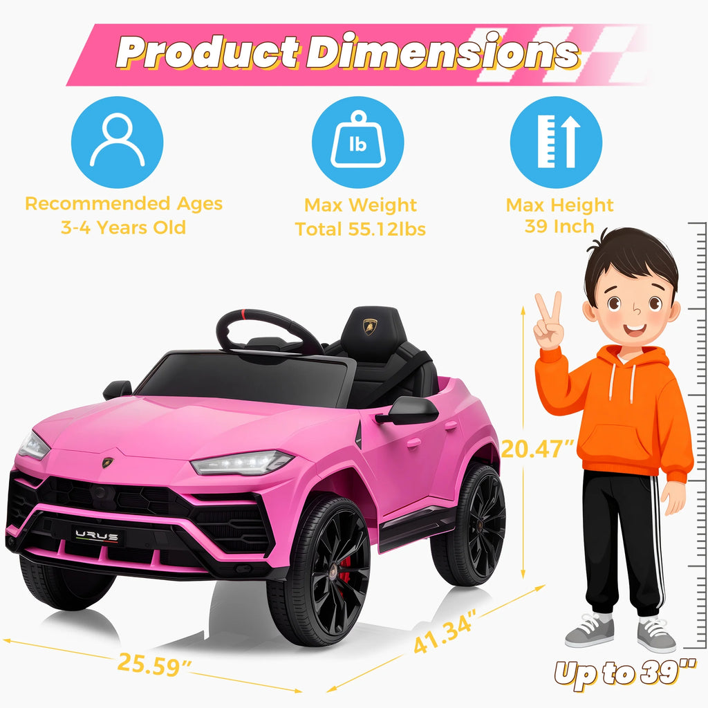 Lamborghini 12V Ride on Car for Kids, Electric Car with Remote Control, Music Player, Led Lights, Powered Ride on Toys for 3+ Years Olds Girls Boys, Pink