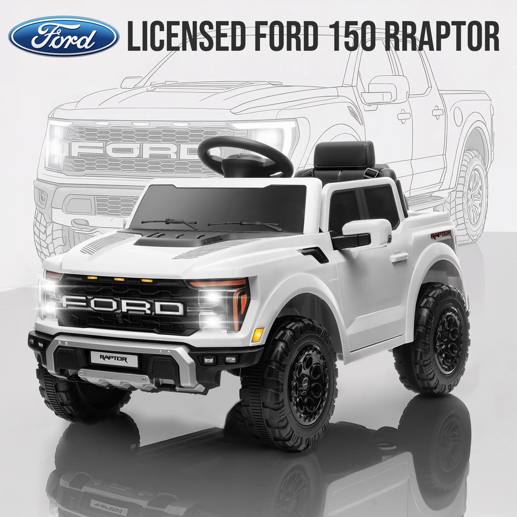 12V Ride on Cars with Remote Control, Licensed Ford F 150 Raptor Powered Ride on Toys with Bluetooth, Radio, LED Light, 4 Wheels Suspension, Kids Cars Electric Vehicles for Boys Girls Ages 3-6, White