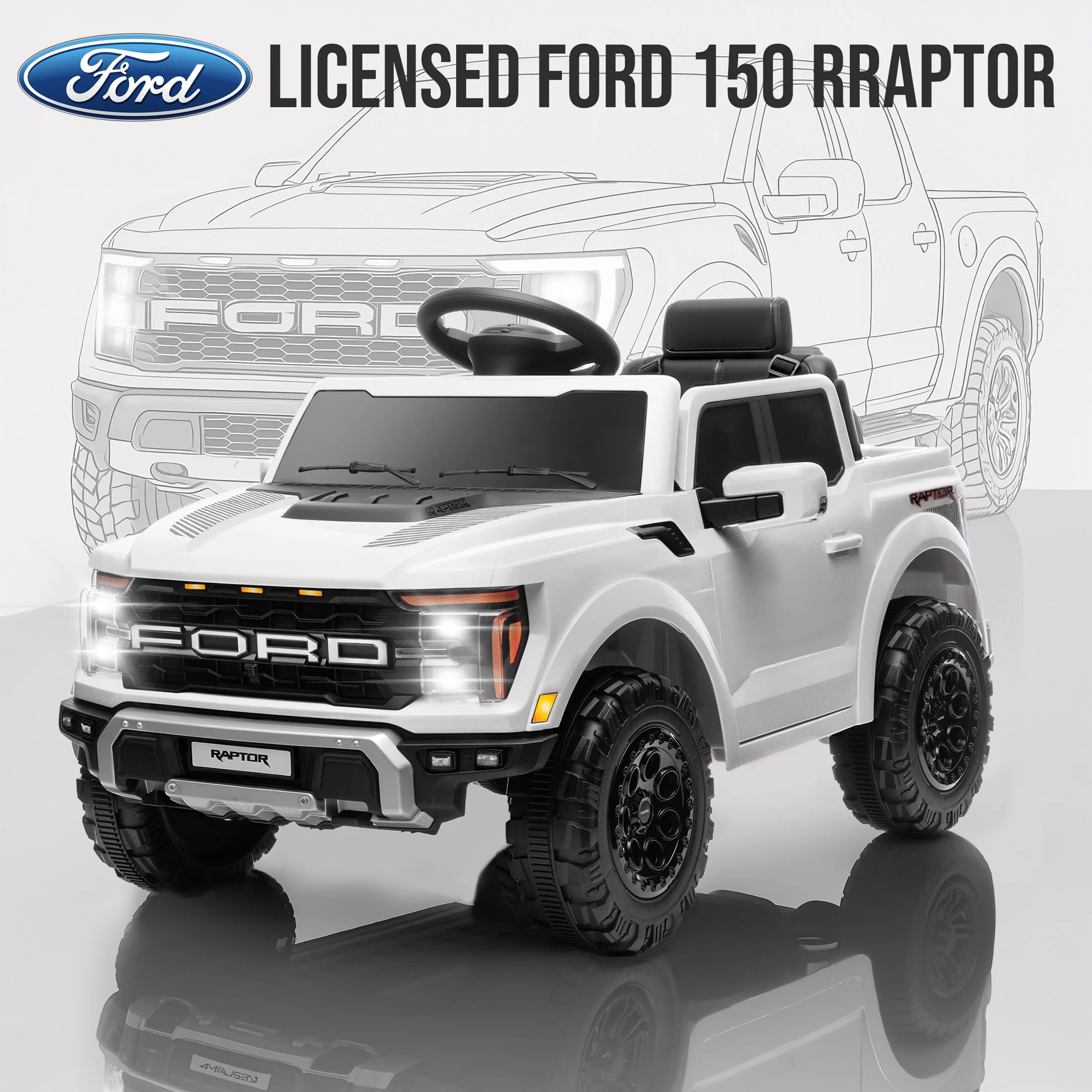 12V Ride on Cars with Remote Control, Licensed Ford F 150 Raptor Powered Ride on Toys with Bluetooth, Radio, LED Light, 4 Wheels Suspension, Kids Cars Electric Vehicles for Boys Girls Ages 3-6, White