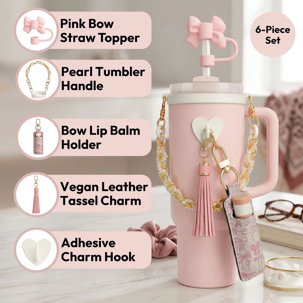 Tumbler Accessory Set with Water Bottle Handle, Straw Topper, Charm Hook & Lip Balm Holder, Pink Pearl