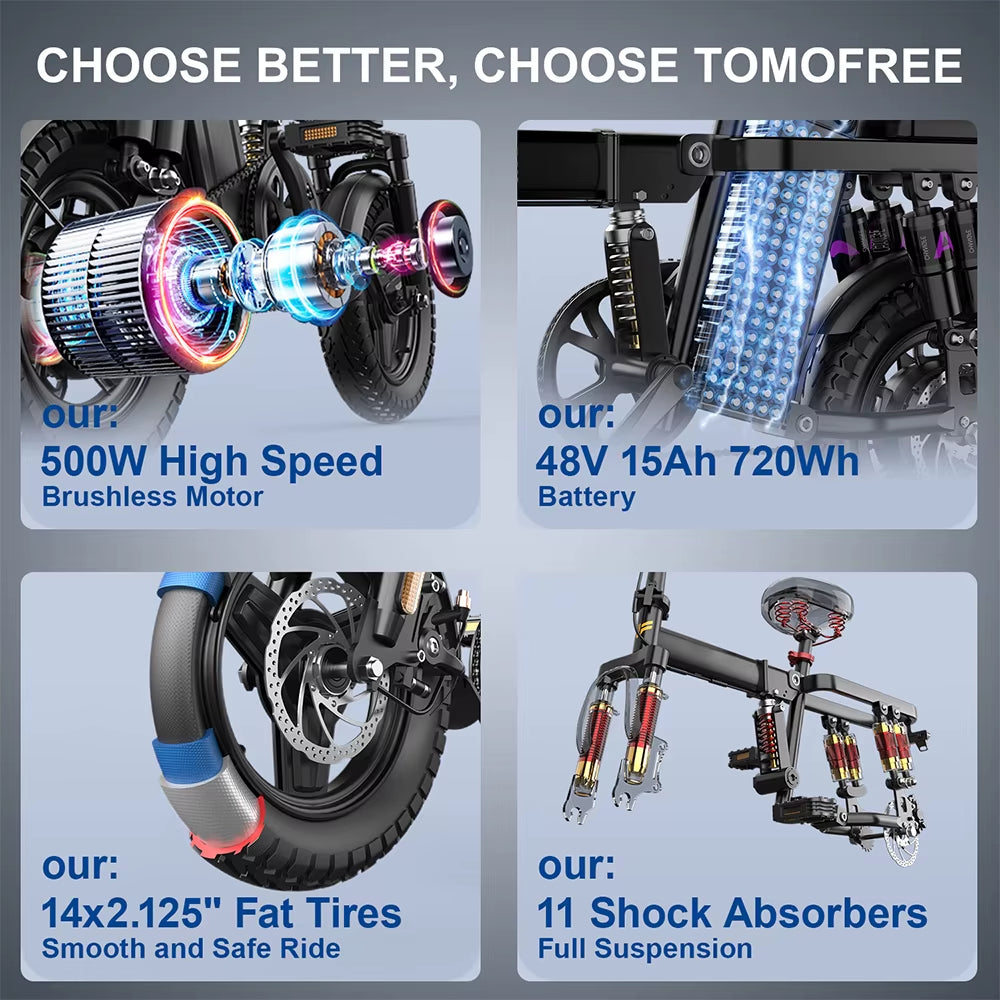 US Warehouse for Certified Folding Electric Bike 10Ah Battery Rear Hub All-Terrain Comfort & Bumpy Road Master