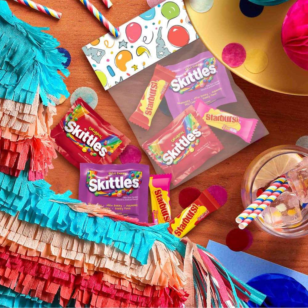 SKITTLES Original, SKITTLES Wild Berry & STARBURST Original and STARBURST Favereds Fun Size Chewy Candy Variety Bag, Party Size, 20.13 Oz Bulk Bag (Pack of 2)