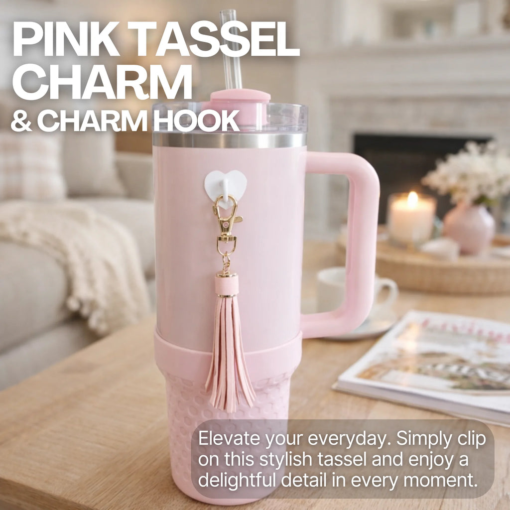 Tumbler Accessory Set with Water Bottle Handle, Straw Topper, Charm Hook & Lip Balm Holder, Pink Pearl
