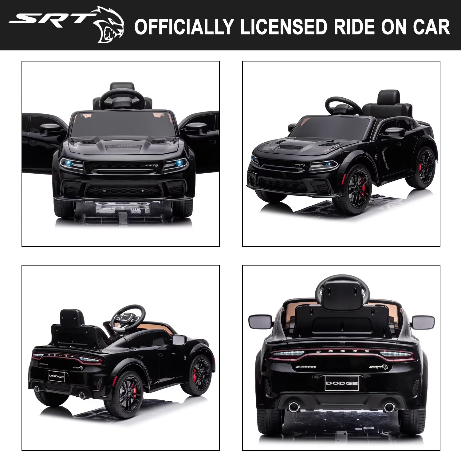 12V Ride on Car, Dodge Charger Powered Electric Car with Battery Powered, Bluetooth, Remote Control, LED Light, Ride on Toy for Ages 3+ Kids, Black