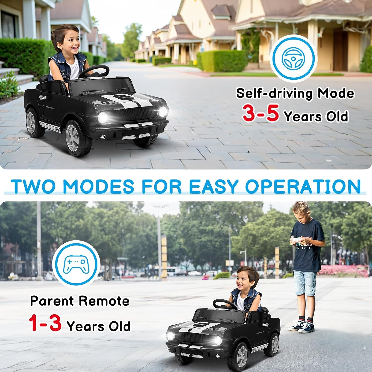 12V Licensed Shelby Electric Car for Kids, Black | Battery Powered Ride on Toy for Toddlers, Remote Control, Upgrade Panel, Bluetooth, Shock Absorbers, Safety Belt, 3 Speeds