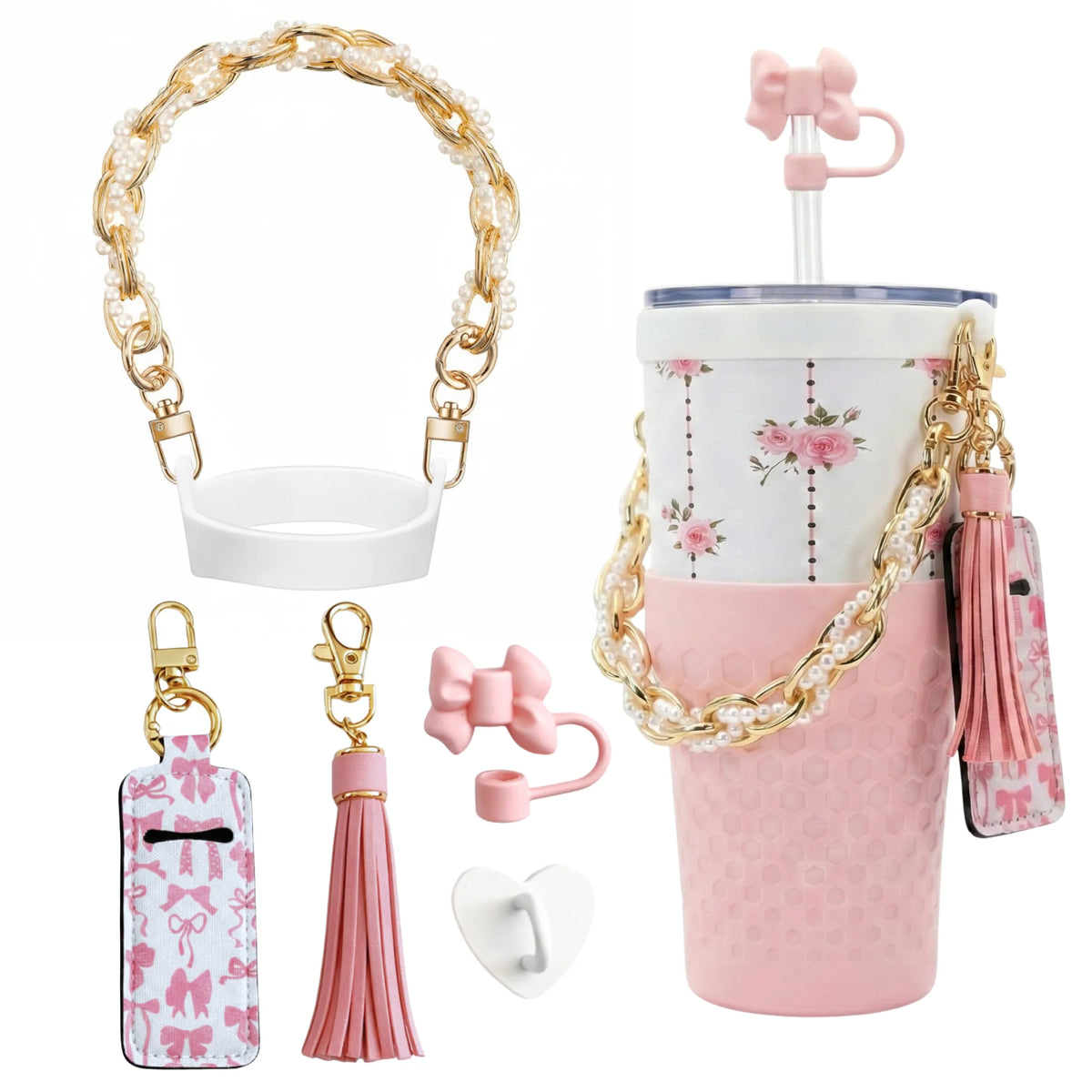 Tumbler Accessory Set with Water Bottle Handle, Straw Topper, Charm Hook & Lip Balm Holder, Pink Pearl