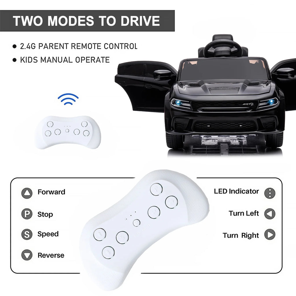 12V Ride on Car, Dodge Charger Powered Electric Car with Battery Powered, Bluetooth, Remote Control, LED Light, Ride on Toy for Ages 3+ Kids, Black