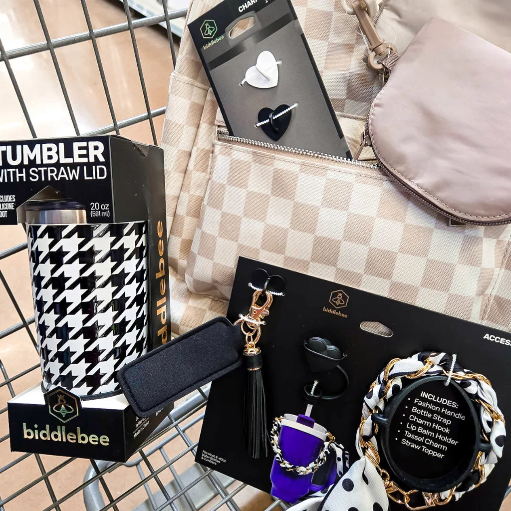 Tumbler Accessory Set with Water Bottle Handle, Straw Topper, Charm Hook & Lip Balm Holder, Black & White