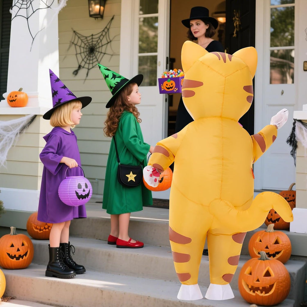 Inflatable Cat Costume for Kids Thanksgiving Inflatable Costume Halloween Funny Blow up Yellow Cat Costume for Boys Girls