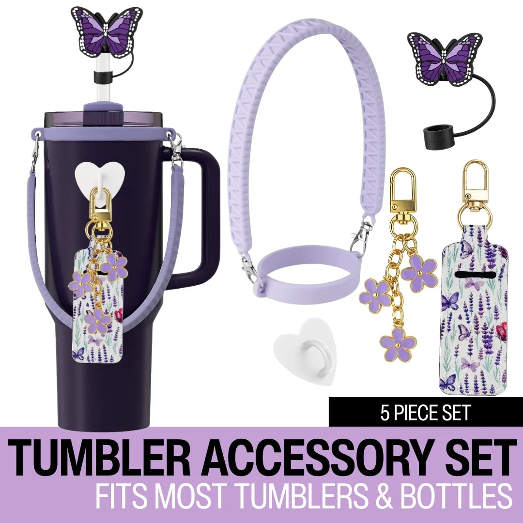 Butterfly Love Tumbler Accessory Set, Purple Handle, Straw Topper & More
