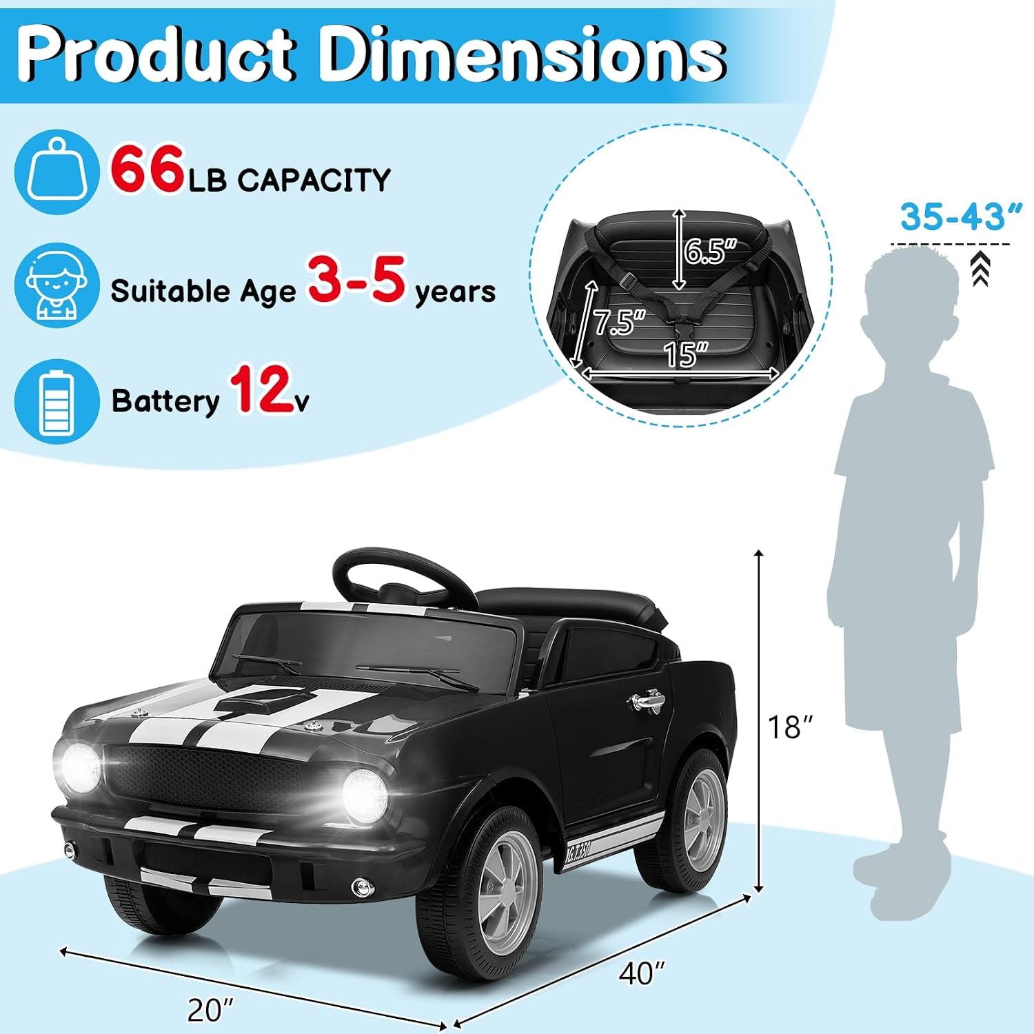 12V Licensed Shelby Electric Car for Kids, Black | Battery Powered Ride on Toy for Toddlers, Remote Control, Upgrade Panel, Bluetooth, Shock Absorbers, Safety Belt, 3 Speeds