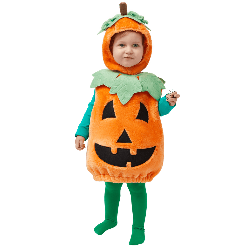 Halloween Pumpkin Costume for Kids, Pumpkin Costume with Plush Green Leaves, Halloween Party Dress up Costume 5-7 Yrs