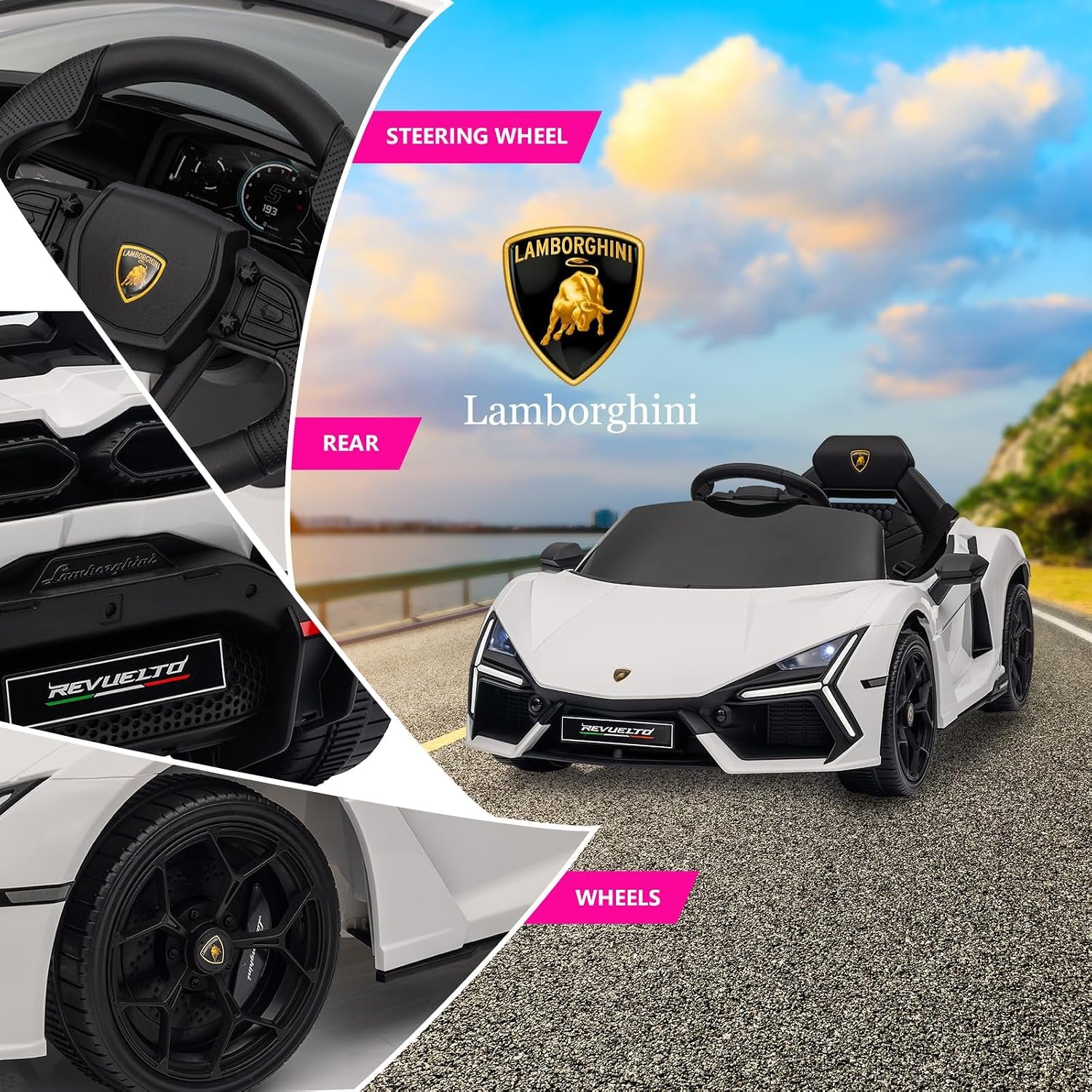 12V Licensed Lamborghini Revuelto Ride on Car for Toddlers, White | Remote Control, Battery Powered Electric Car for Kids, Bluetooth, Hydraulic Doors, 3 Speeds, LED Lights, Music