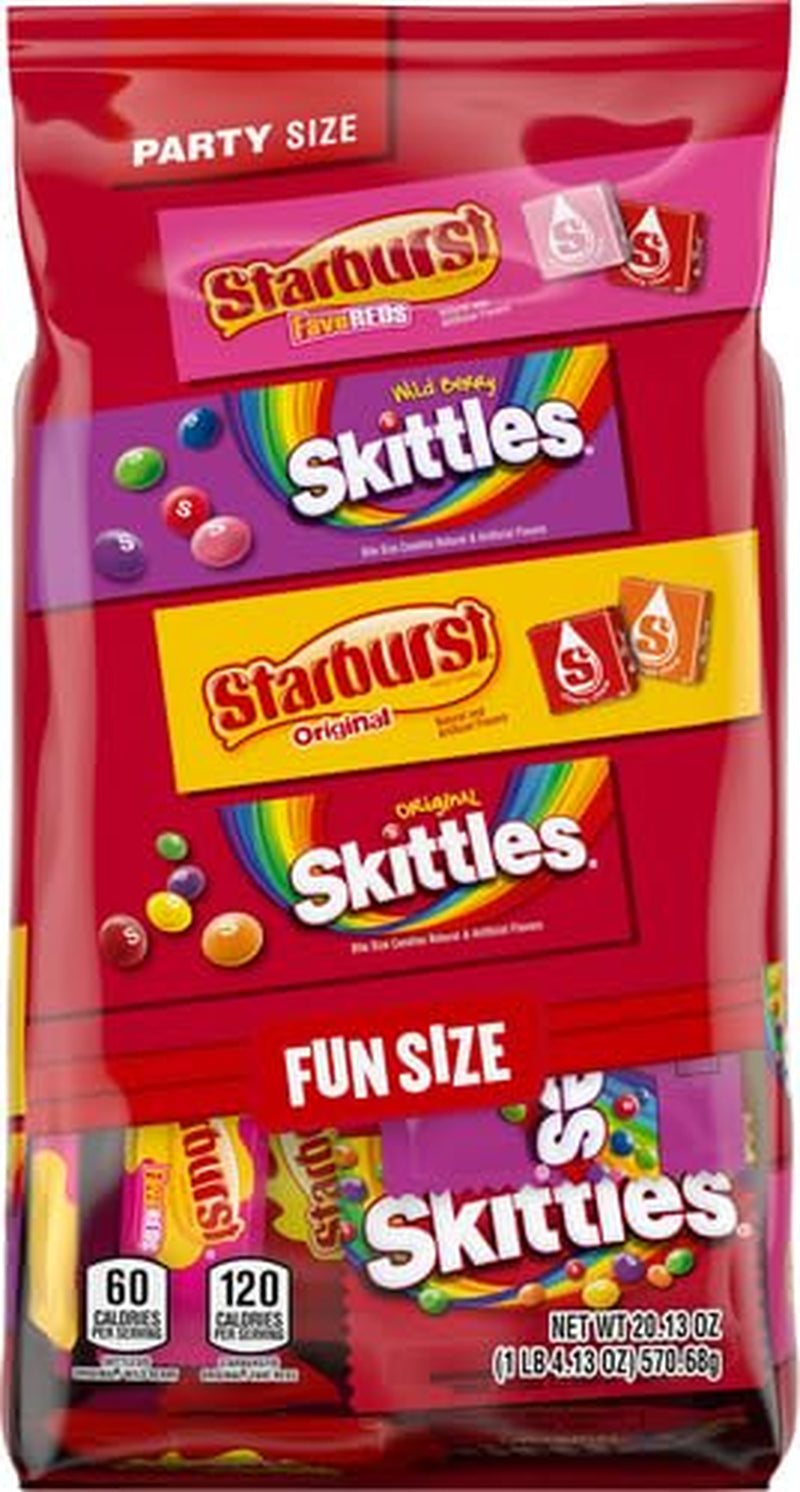 SKITTLES Original, SKITTLES Wild Berry & STARBURST Original and STARBURST Favereds Fun Size Chewy Candy Variety Bag, Party Size, 20.13 Oz Bulk Bag (Pack of 2)