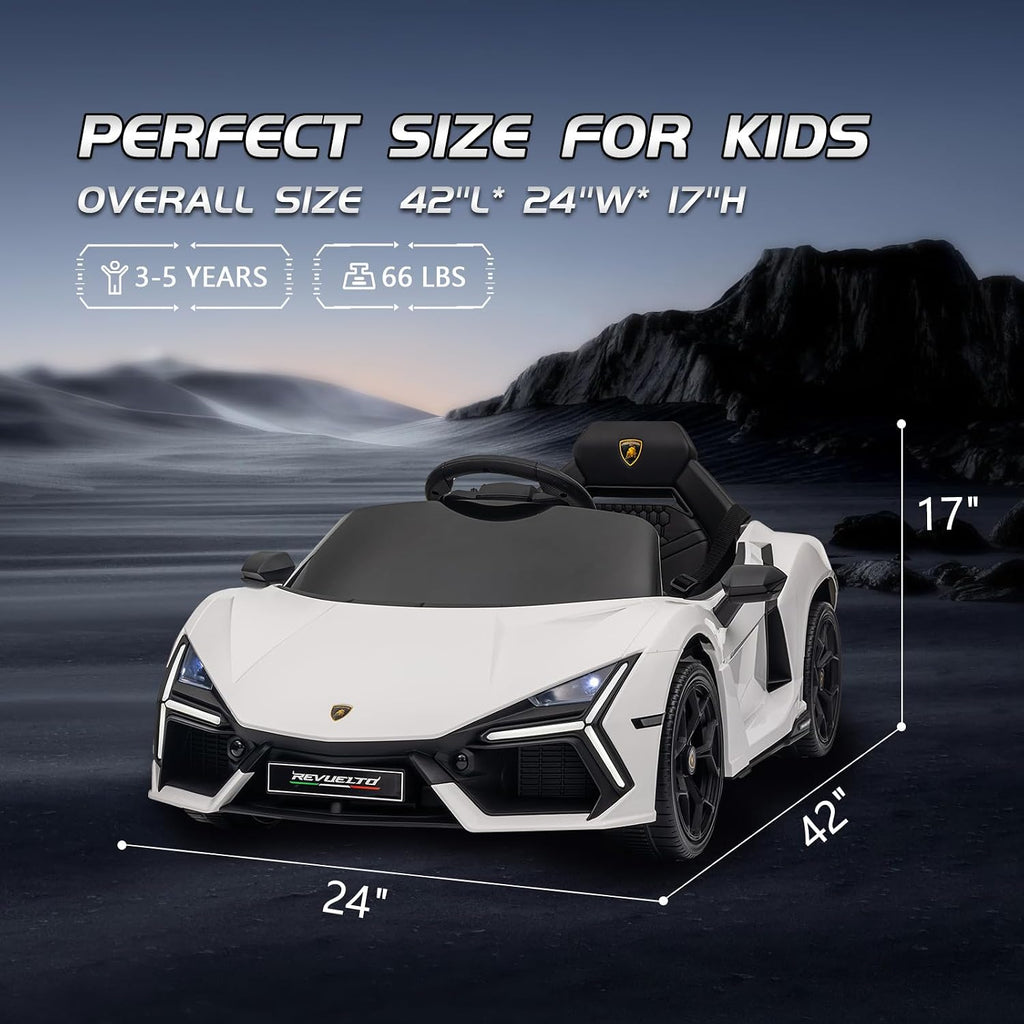 12V Licensed Lamborghini Revuelto Ride on Car for Toddlers, White | Remote Control, Battery Powered Electric Car for Kids, Bluetooth, Hydraulic Doors, 3 Speeds, LED Lights, Music