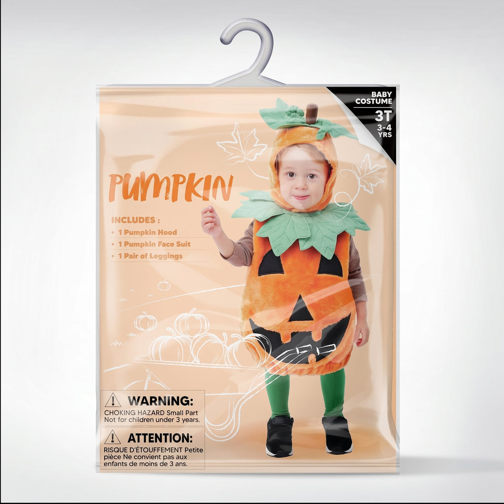 Halloween Pumpkin Costume for Kids, Pumpkin Costume with Plush Green Leaves, Halloween Party Dress up Costume 5-7 Yrs