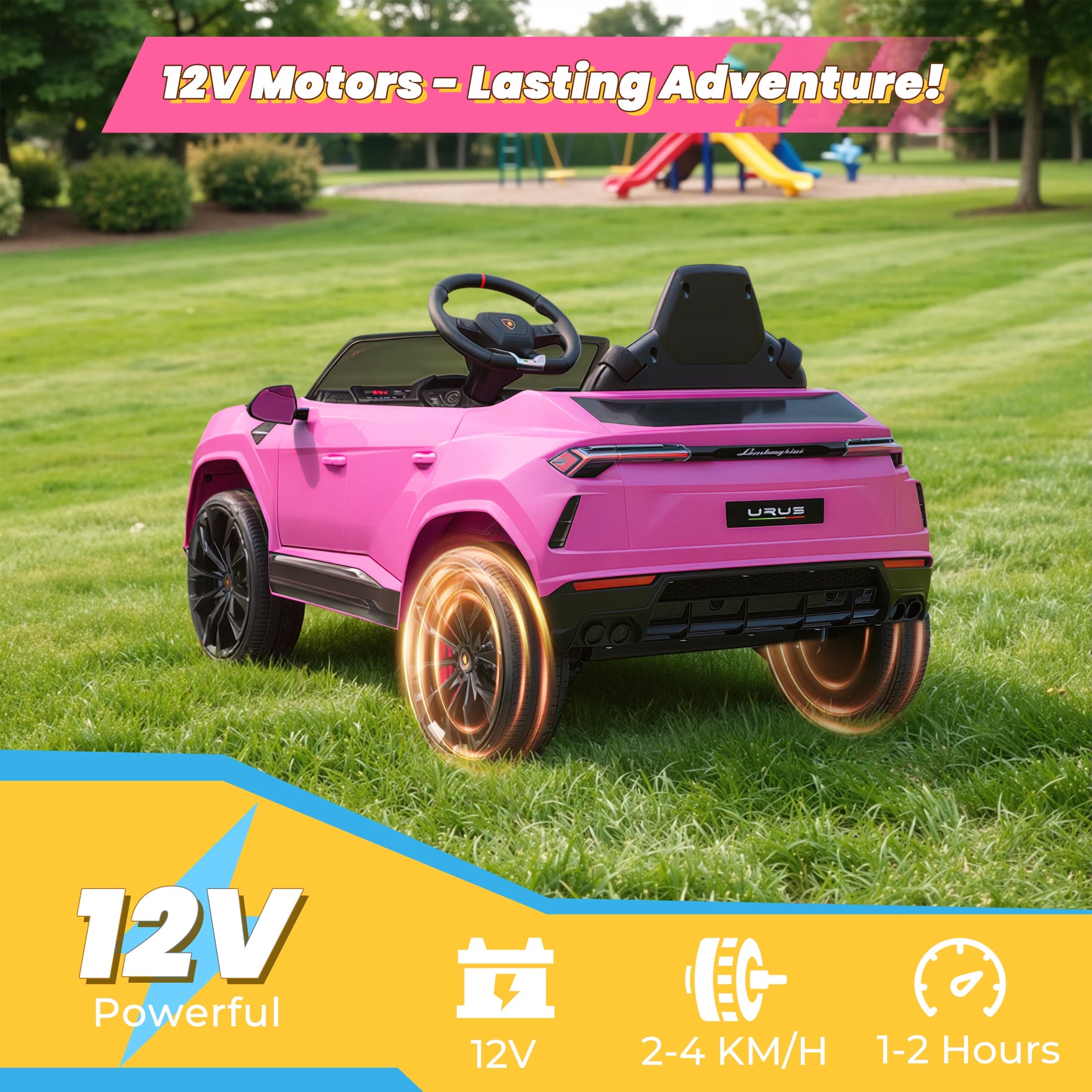 Lamborghini 12V Ride on Car for Kids, Electric Car with Remote Control, Music Player, Led Lights, Powered Ride on Toys for 3+ Years Olds Girls Boys, Pink