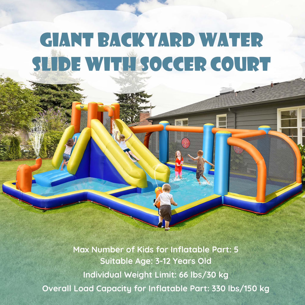 Giant Soccer-Themed Inflatable Water Slide Bouncer with Splash Pool without Blower for Toddler, Bouncy Water Park