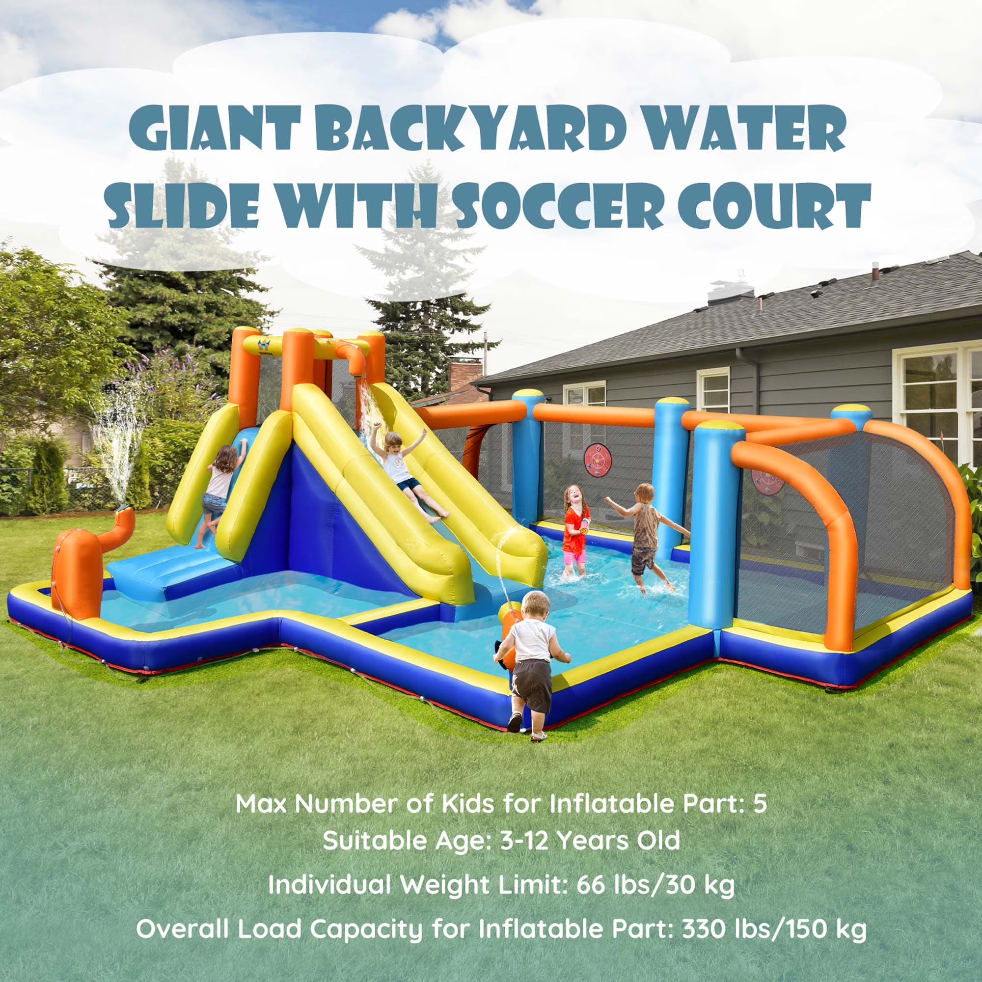 Giant Soccer-Themed Inflatable Water Slide Bouncer with Splash Pool without Blower for Toddler, Bouncy Water Park