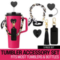 Tumbler Accessory Set with Water Bottle Handle, Straw Topper, Charm Hook & Lip Balm Holder, Black & White