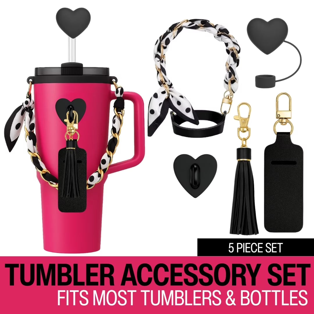 Tumbler Accessory Set with Water Bottle Handle, Straw Topper, Charm Hook & Lip Balm Holder, Black & White