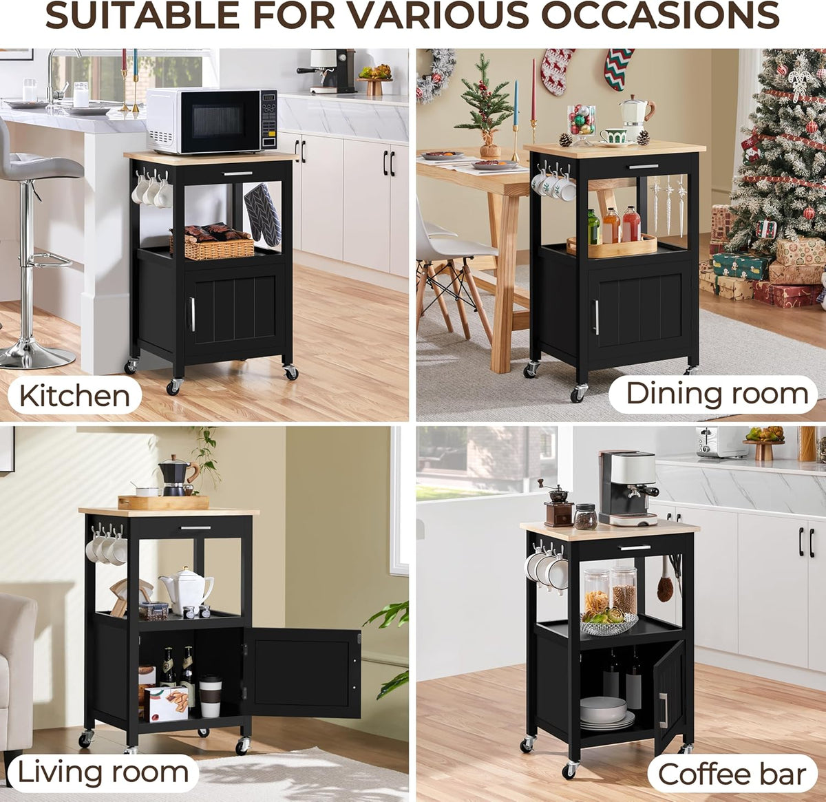 Yaheetech Rolling Kitchen Island Cart with Storage, 2 Tier, Wood Top, Black | Small Kitchen Island on Lockable Wheels, Microwave Cart with Drawer, 6 Hooks, Cabinet for Dining/Living Room/Kitchen Bar