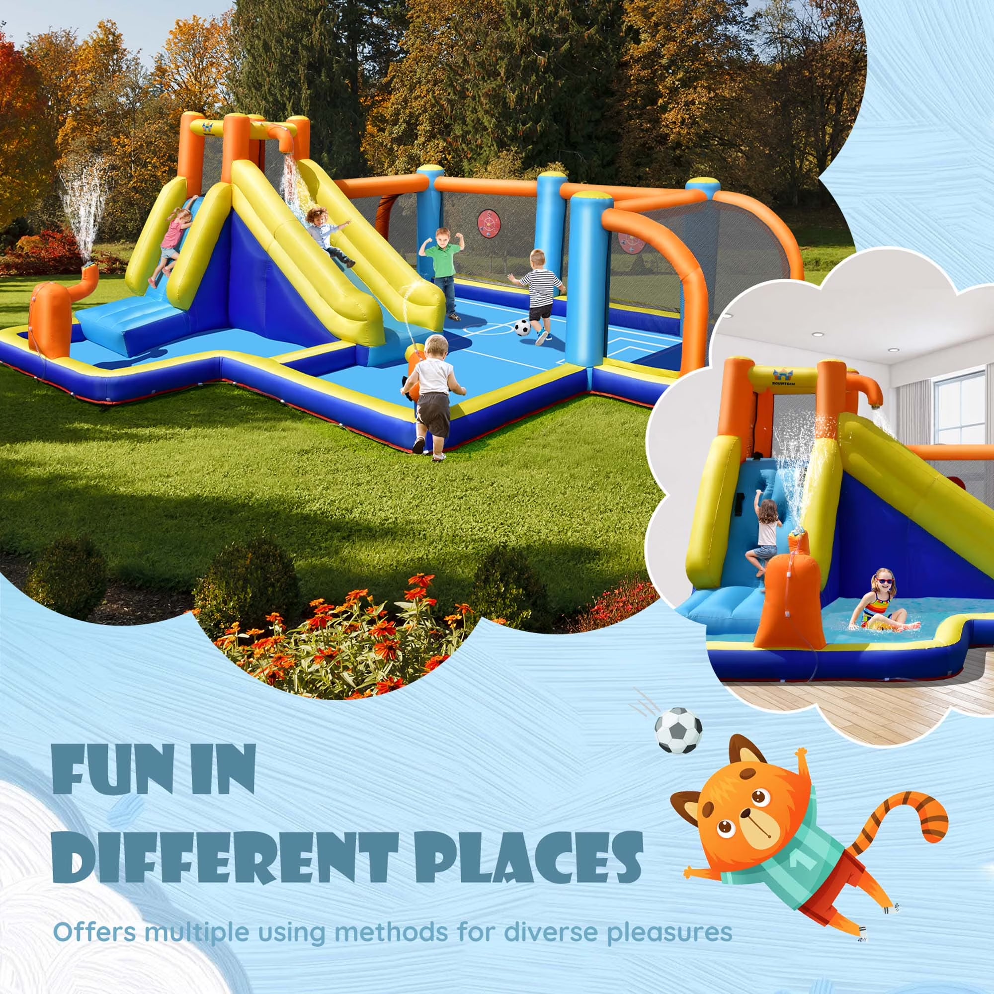 Giant Soccer-Themed Inflatable Water Slide Bouncer with Splash Pool without Blower for Toddler, Bouncy Water Park