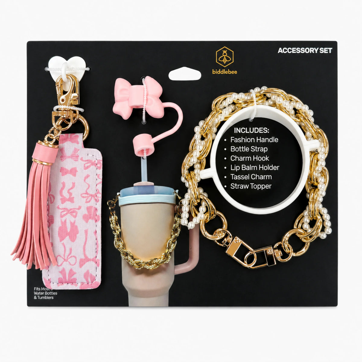 Tumbler Accessory Set with Water Bottle Handle, Straw Topper, Charm Hook & Lip Balm Holder, Pink Pearl